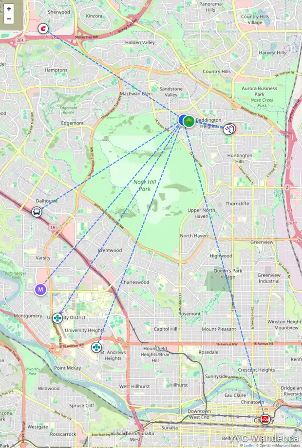 Daily accessibility map for 64 BEACHAM WY NW, Calgary showing nearby schools, grocery stores, parks, LRT stations and nearby amenities