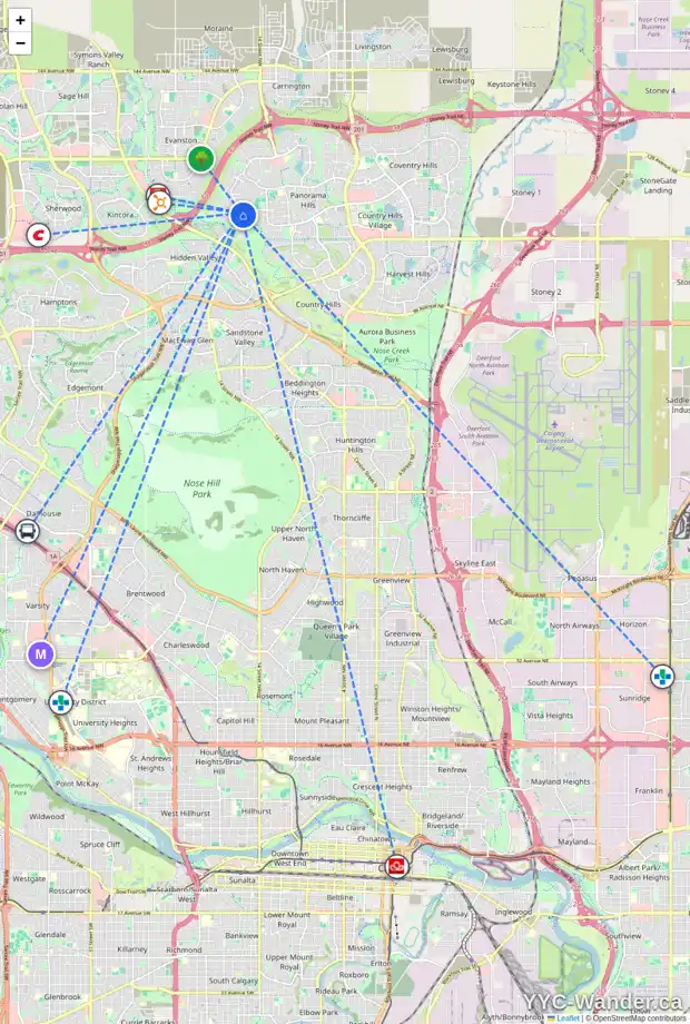 Daily accessibility map for 115 HIDDEN CREEK GD NW, Calgary showing nearby schools, grocery stores, parks, LRT stations and nearby amenities