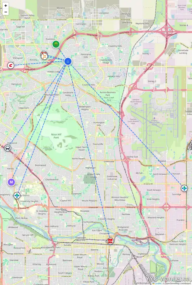 Daily accessibility map for 149 HIDDEN CREEK GD NW, Calgary showing nearby schools, grocery stores, parks, LRT stations and nearby amenities