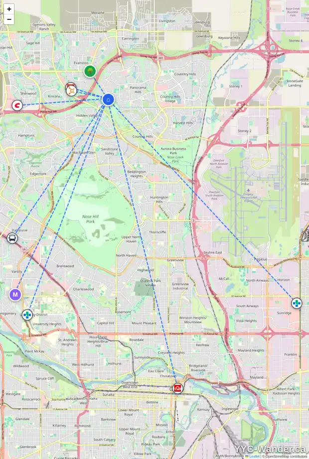 Daily accessibility map for 165 HIDDEN CREEK GD NW, Calgary showing nearby schools, grocery stores, parks, LRT stations and nearby amenities