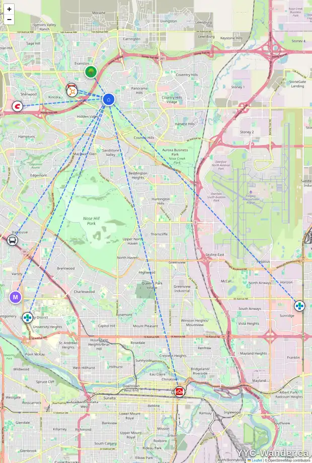 Daily accessibility map for 175 HIDDEN CREEK GD NW, Calgary showing nearby schools, grocery stores, parks, LRT stations and nearby amenities