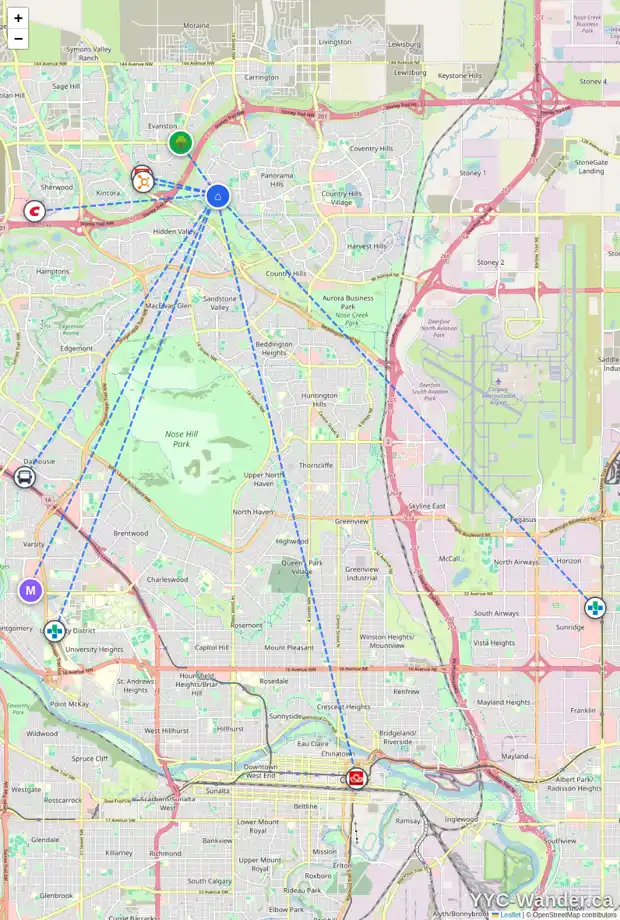 Daily accessibility map for 144 HIDDEN CREEK GD NW, Calgary showing nearby schools, grocery stores, parks, LRT stations and nearby amenities