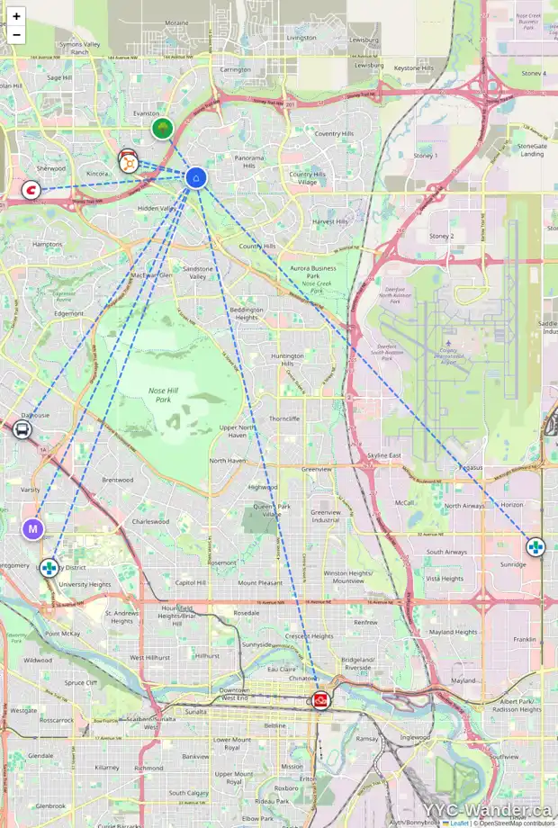 Daily accessibility map for 150 HIDDEN CREEK GD NW, Calgary showing nearby schools, grocery stores, parks, LRT stations and nearby amenities