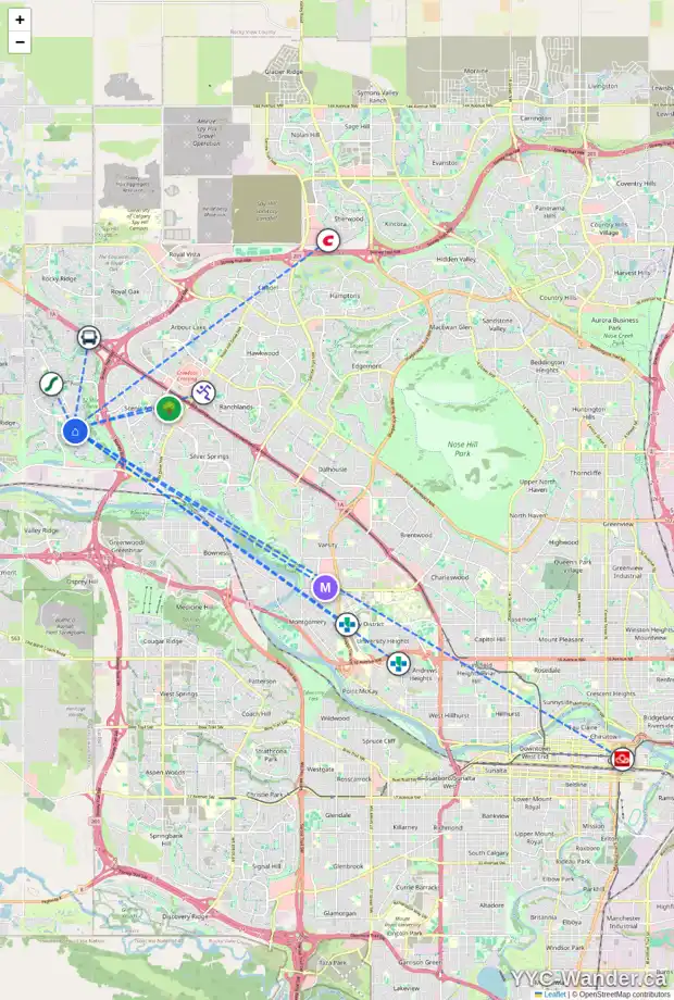 Daily accessibility map for 115 TUSCANY RAVINE RD NW, Calgary showing nearby schools, grocery stores, parks, LRT stations and nearby amenities