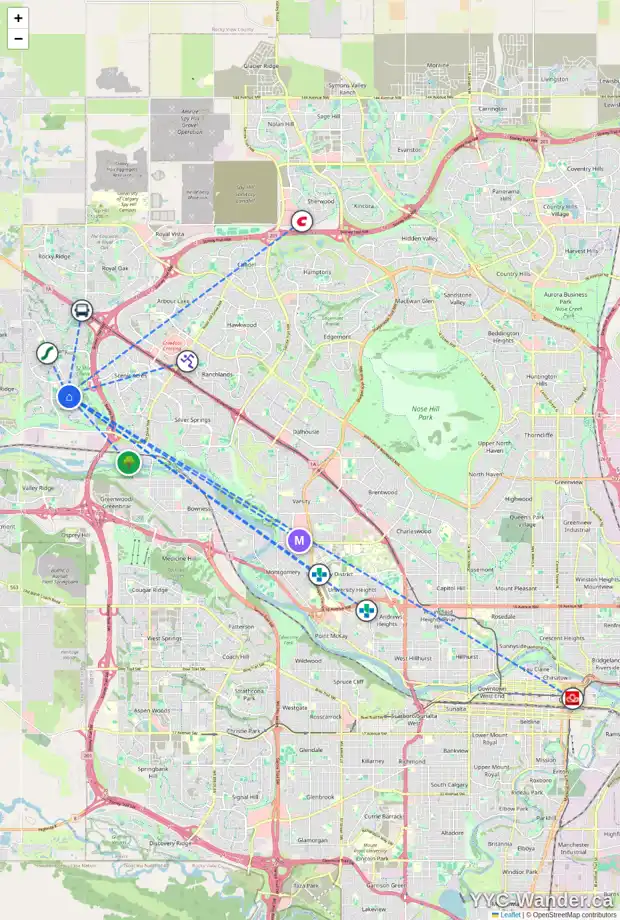Daily accessibility map for 119 TUSCANY RAVINE RD NW, Calgary showing nearby schools, grocery stores, parks, LRT stations and nearby amenities