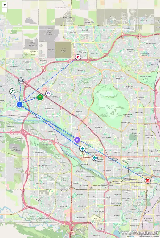 Daily accessibility map for 17 TUSCANY RAVINE TC NW, Calgary showing nearby schools, grocery stores, parks, LRT stations and nearby amenities