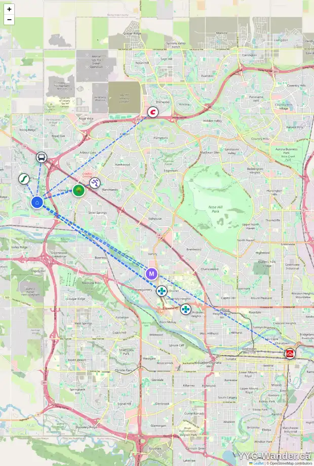 Daily accessibility map for 129 TUSCANY RAVINE BA NW, Calgary showing nearby schools, grocery stores, parks, LRT stations and nearby amenities