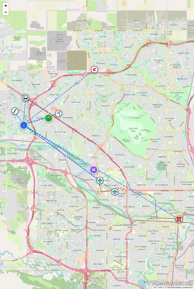 Daily accessibility map for 138 TUSCANY RAVINE BA NW, Calgary showing nearby schools, grocery stores, parks, LRT stations and nearby amenities