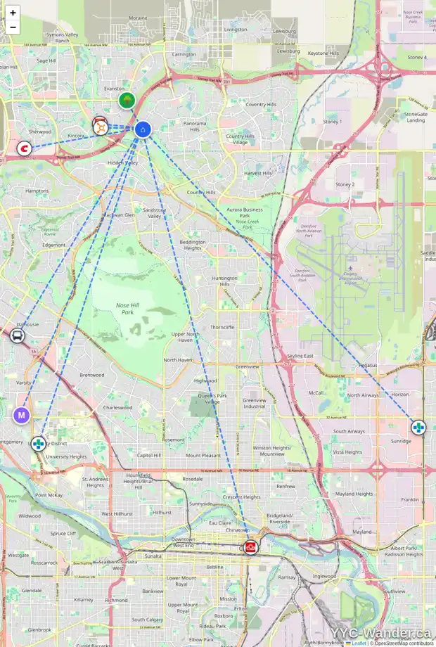 Daily accessibility map for 78 HIDDEN CREEK HT NW, Calgary showing nearby schools, grocery stores, parks, LRT stations and nearby amenities