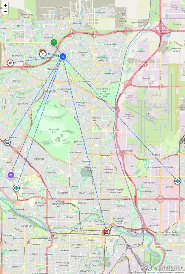 Daily accessibility map for 194 HIDDEN CREEK HT NW, Calgary showing nearby schools, grocery stores, parks, LRT stations and nearby amenities
