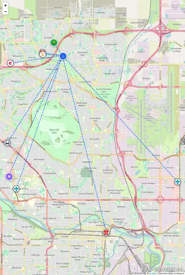 Daily accessibility map for 206 HIDDEN CREEK HT NW, Calgary showing nearby schools, grocery stores, parks, LRT stations and nearby amenities