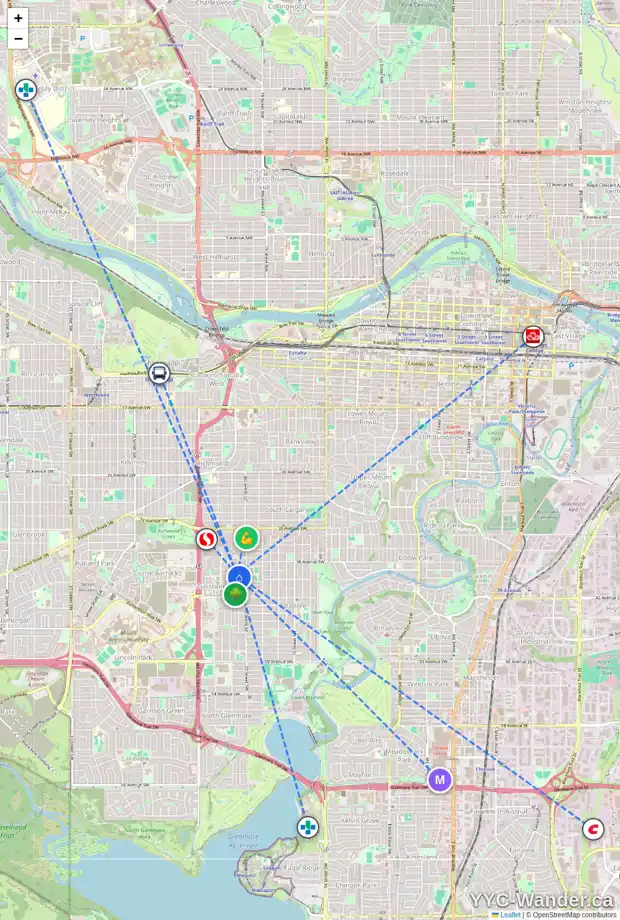 Daily accessibility map for 164 CAMBRAI AV SW, Calgary showing nearby schools, grocery stores, parks, LRT stations and nearby amenities