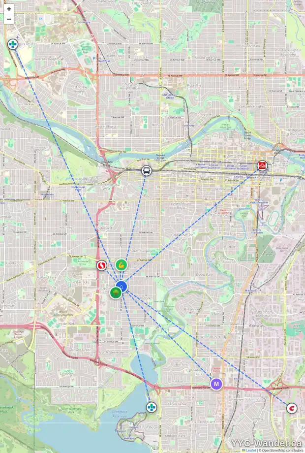 Daily accessibility map for 4087 20 ST SW, Calgary showing nearby schools, grocery stores, parks, LRT stations and nearby amenities