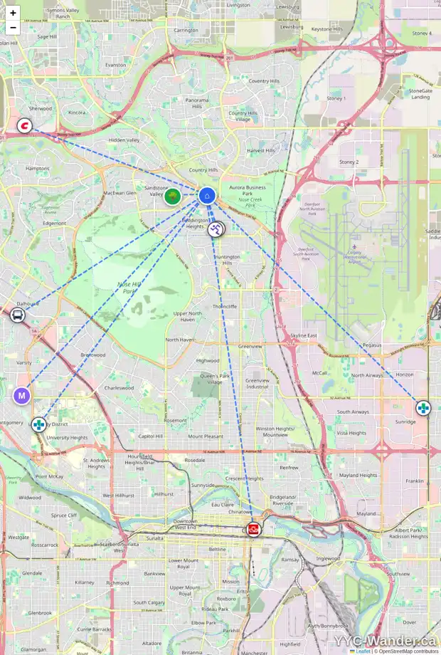 Daily accessibility map for 104 BERNARD WY NW, Calgary showing nearby schools, grocery stores, parks, LRT stations and nearby amenities