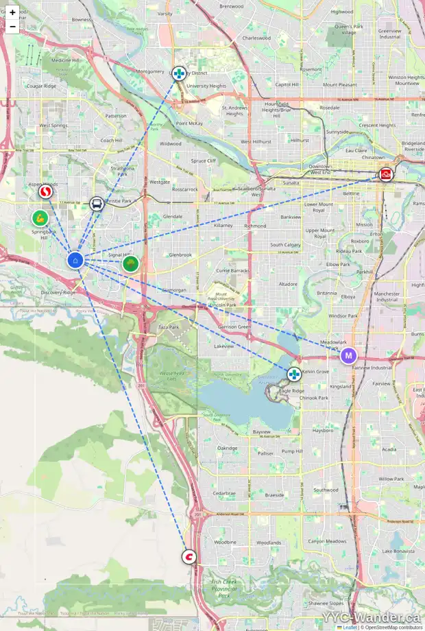 Daily accessibility map for 281 SPRINGBLUFF HT SW, Calgary showing nearby schools, grocery stores, parks, LRT stations and nearby amenities