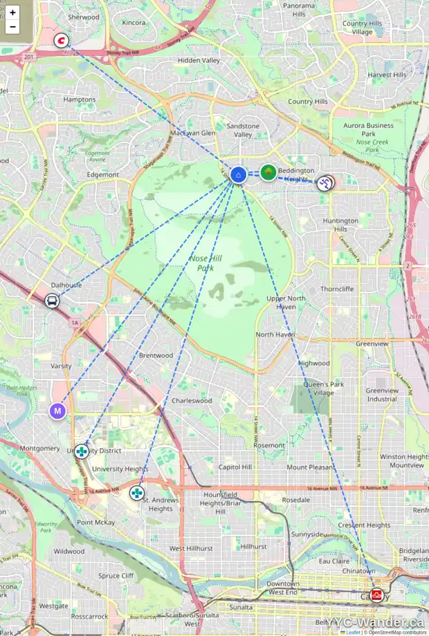 Daily accessibility map for 36 BEACONSFIELD RD NW, Calgary showing nearby schools, grocery stores, parks, LRT stations and nearby amenities