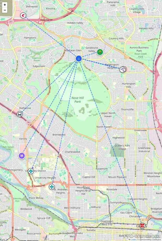 Daily accessibility map for 84 MACEWAN GLEN WY NW, Calgary showing nearby schools, grocery stores, parks, LRT stations and nearby amenities