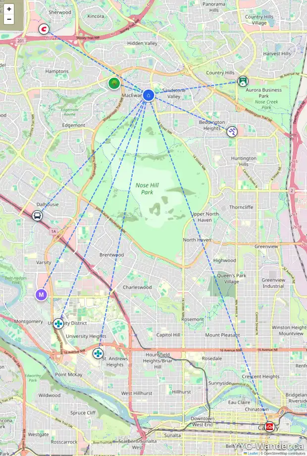Daily accessibility map for 95 MACEWAN PARK RD NW, Calgary showing nearby schools, grocery stores, parks, LRT stations and nearby amenities