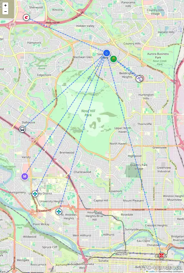 Daily accessibility map for 1234 SANDPIPER RD NW, Calgary showing nearby schools, grocery stores, parks, LRT stations and nearby amenities