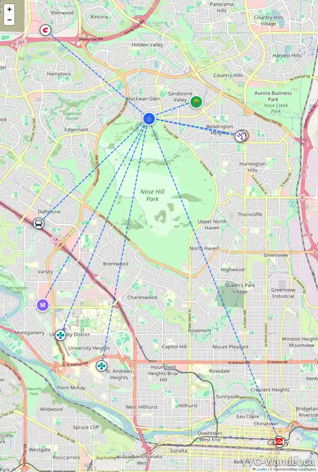 Daily accessibility map for 23 MACEWAN GLEN WY NW, Calgary showing nearby schools, grocery stores, parks, LRT stations and nearby amenities