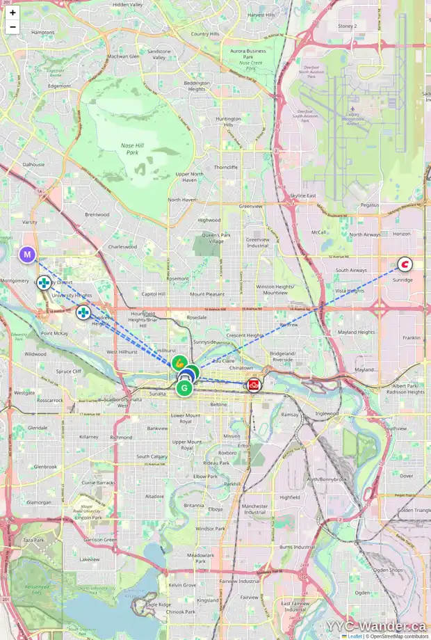 Daily accessibility map for 1207 1108 6 AV SW, Calgary showing nearby schools, grocery stores, parks, LRT stations and nearby amenities