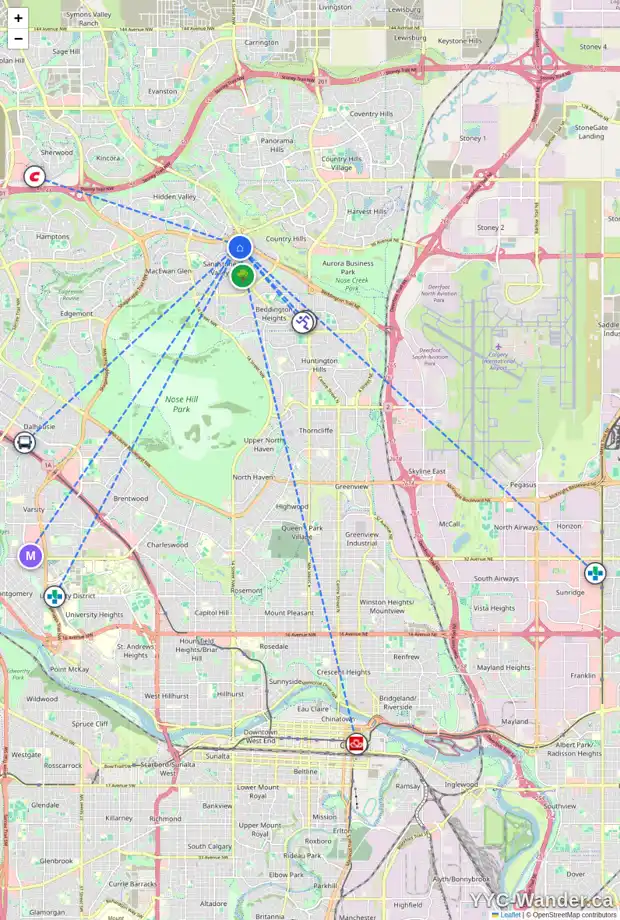 Daily accessibility map for 91 SANDERLING RD NW, Calgary showing nearby schools, grocery stores, parks, LRT stations and nearby amenities