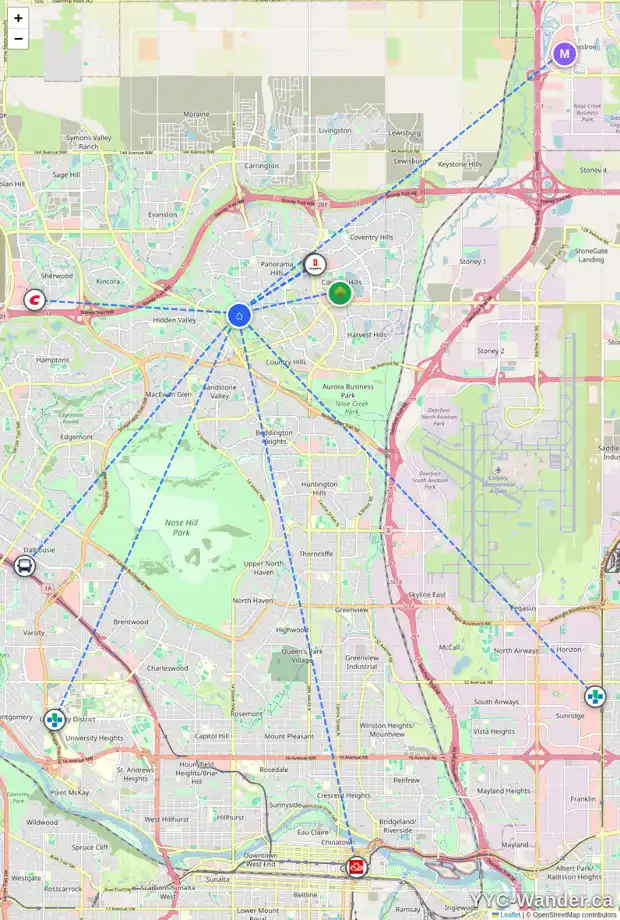 Daily accessibility map for 1181 PANORAMA HILLS LD NW, Calgary showing nearby schools, grocery stores, parks, LRT stations and nearby amenities