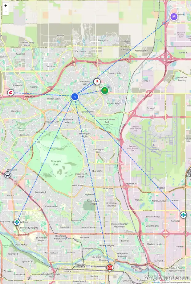 Daily accessibility map for 9 PANORAMA HILLS HT NW, Calgary showing nearby schools, grocery stores, parks, LRT stations and nearby amenities