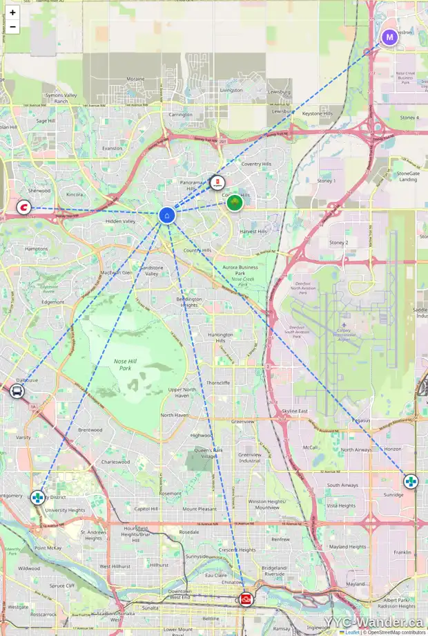 Daily accessibility map for 17 PANORAMA HILLS HT NW, Calgary showing nearby schools, grocery stores, parks, LRT stations and nearby amenities