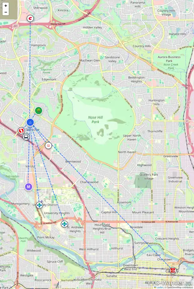 Daily accessibility map for 8 DALHURST WY NW, Calgary showing nearby schools, grocery stores, parks, LRT stations and nearby amenities