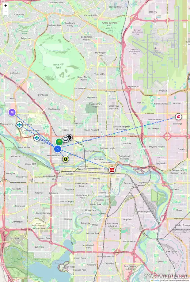 Daily accessibility map for 2224 7 AV NW, Calgary showing nearby schools, grocery stores, parks, LRT stations and nearby amenities