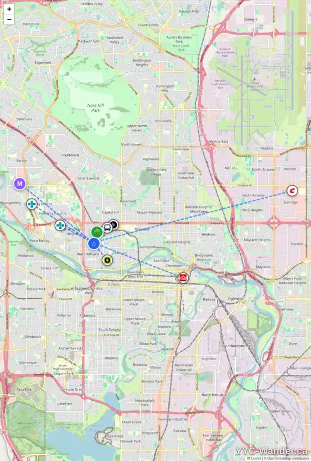 Daily accessibility map for 2226 7 AV NW, Calgary showing nearby schools, grocery stores, parks, LRT stations and nearby amenities