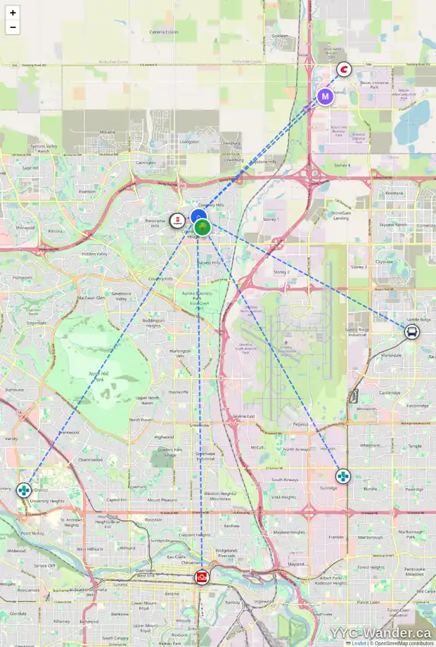 Daily accessibility map for 165 COVEHAVEN VW NE, Calgary showing nearby schools, grocery stores, parks, LRT stations and nearby amenities