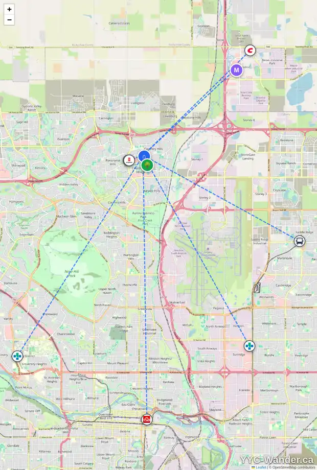 Daily accessibility map for 23 COVEHAVEN VW NE, Calgary showing nearby schools, grocery stores, parks, LRT stations and nearby amenities