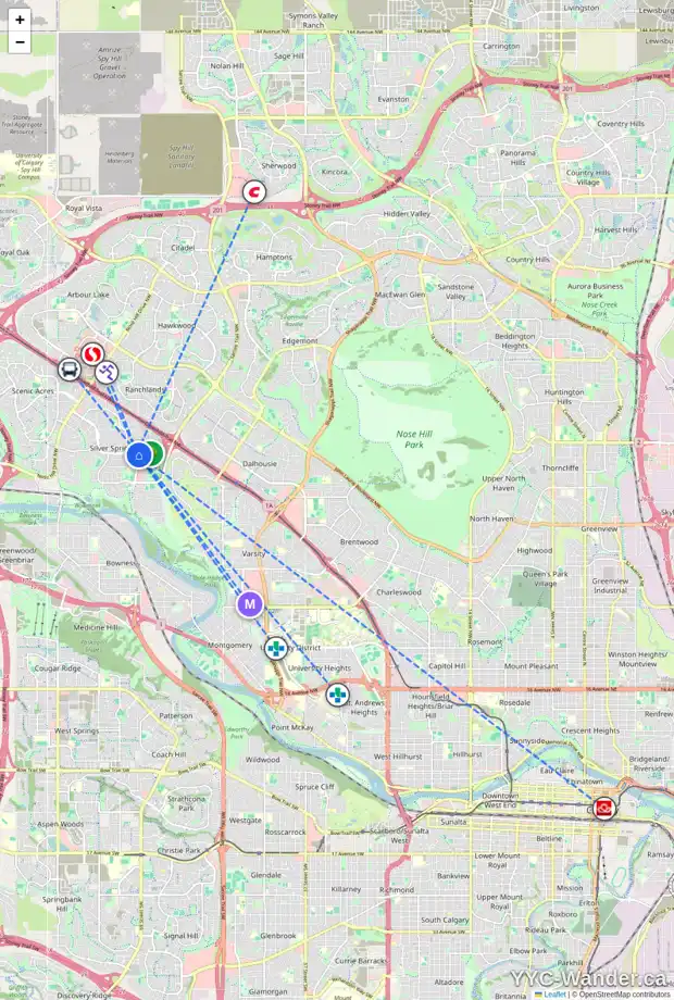 Daily accessibility map for 6416 70 ST NW, Calgary showing nearby schools, grocery stores, parks, LRT stations and nearby amenities