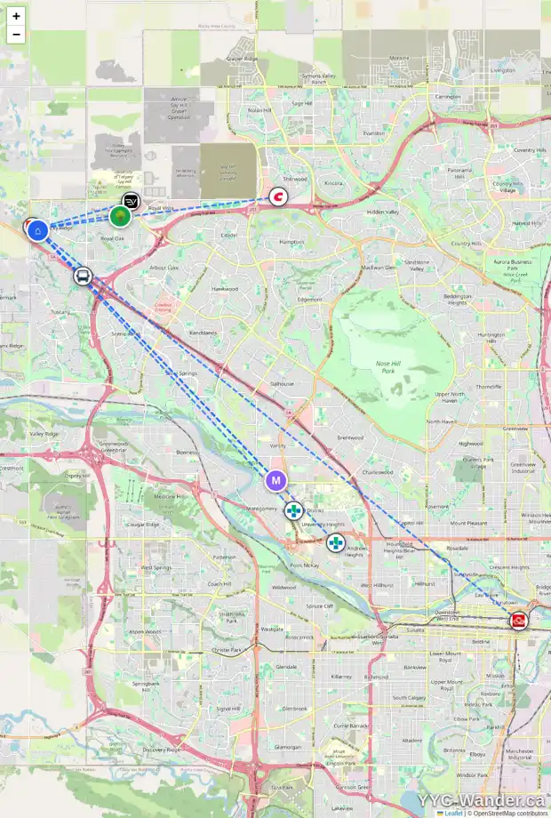 Daily accessibility map for 10493 ROCKYLEDGE ST NW, Calgary showing nearby schools, grocery stores, parks, LRT stations and nearby amenities