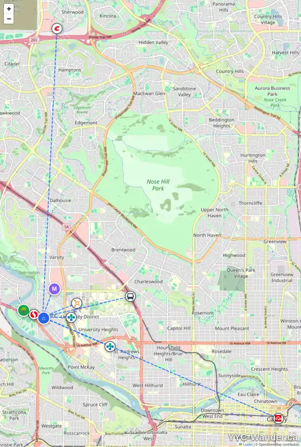 Daily accessibility map for 4806 BOWNESS RD NW, Calgary showing nearby schools, grocery stores, parks, LRT stations and nearby amenities