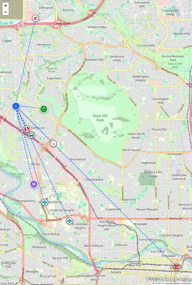 Daily accessibility map for 107 DALCASTLE ME NW, Calgary showing nearby schools, grocery stores, parks, LRT stations and nearby amenities
