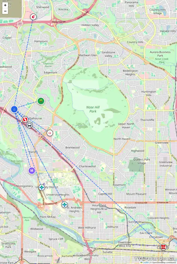 Daily accessibility map for 6511 58 ST NW, Calgary showing nearby schools, grocery stores, parks, LRT stations and nearby amenities