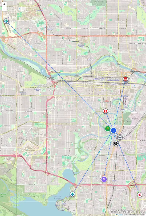 Daily accessibility map for 3820 1A ST SW, Calgary showing nearby schools, grocery stores, parks, LRT stations and nearby amenities