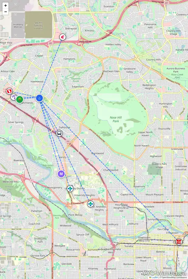 Daily accessibility map for 327 RANCH ESTATES BA NW, Calgary showing nearby schools, grocery stores, parks, LRT stations and nearby amenities