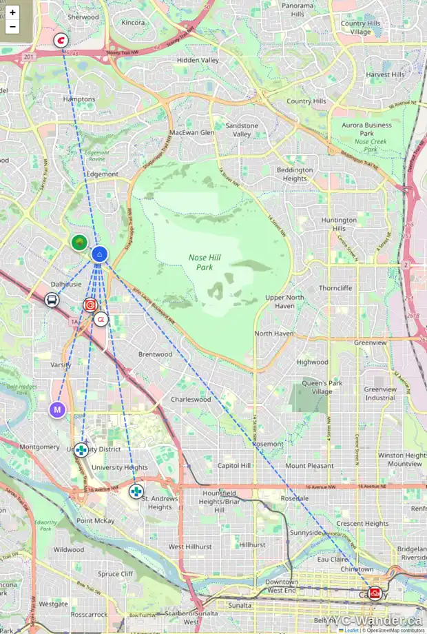 Daily accessibility map for 991 EDGEMONT RD NW, Calgary showing nearby schools, grocery stores, parks, LRT stations and nearby amenities