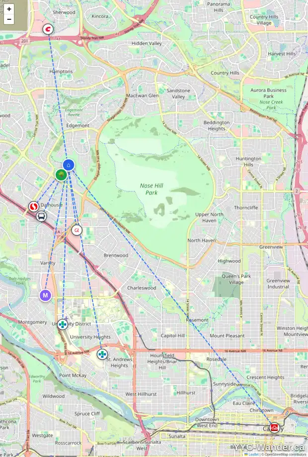 Daily accessibility map for 840 EDGEMONT RD NW, Calgary showing nearby schools, grocery stores, parks, LRT stations and nearby amenities