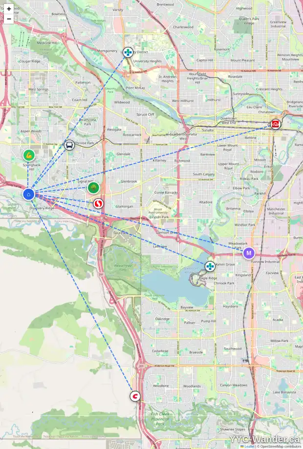 Daily accessibility map for 142 DISCOVERY RIDGE WY SW, Calgary showing nearby schools, grocery stores, parks, LRT stations and nearby amenities