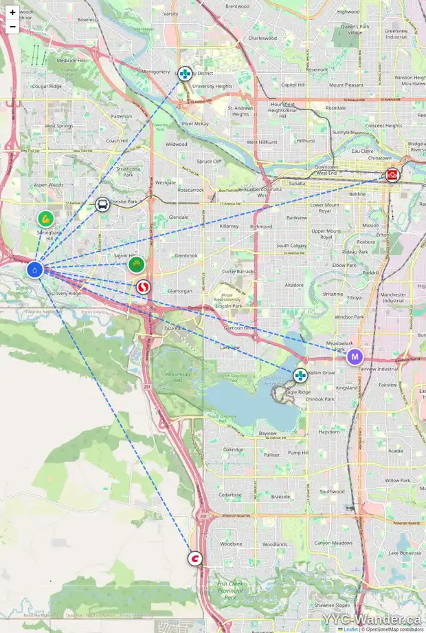 Daily accessibility map for 242 DISCOVERY RIDGE WY SW, Calgary showing nearby schools, grocery stores, parks, LRT stations and nearby amenities