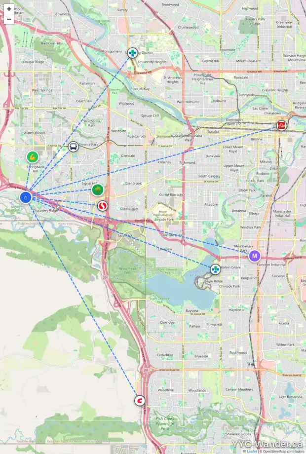 Daily accessibility map for 55 DISCOVERY RIDGE MT SW, Calgary showing nearby schools, grocery stores, parks, LRT stations and nearby amenities