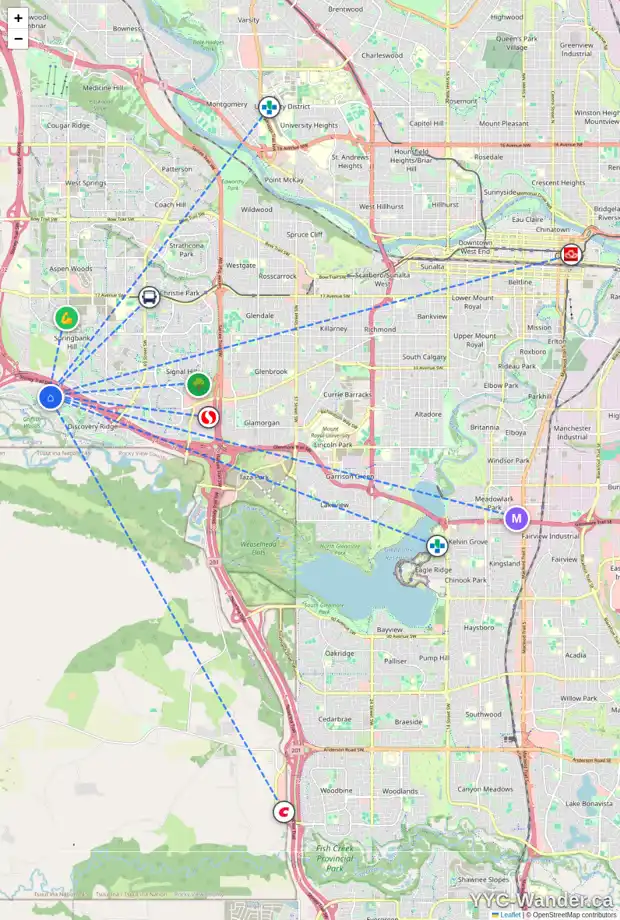 Daily accessibility map for 71 DISCOVERY RIDGE MT SW, Calgary showing nearby schools, grocery stores, parks, LRT stations and nearby amenities