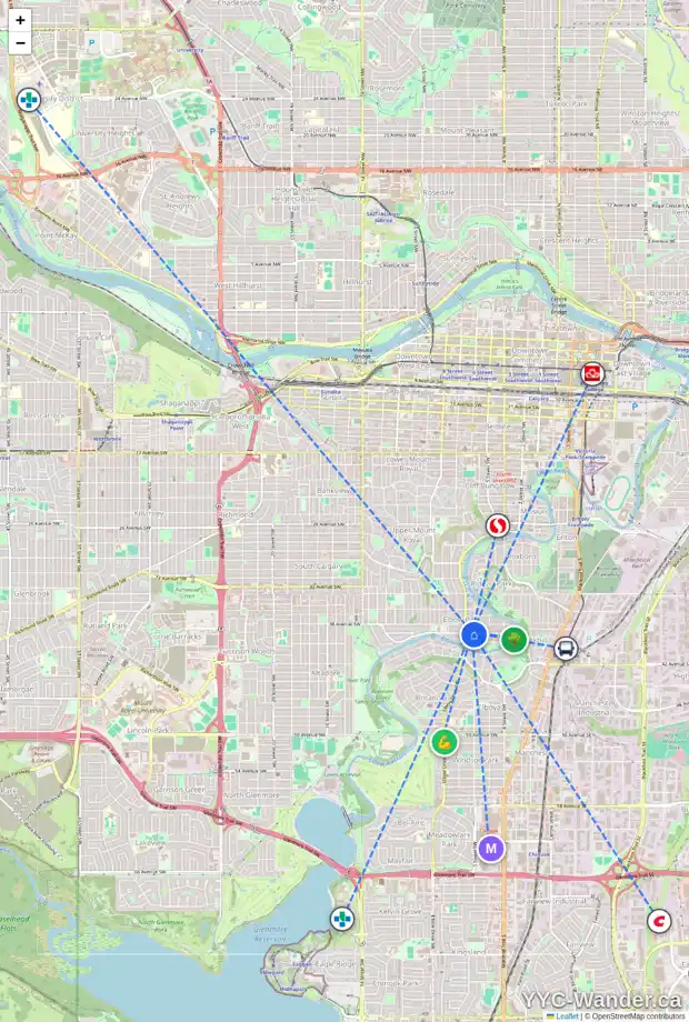 Daily accessibility map for 4001 5 ST SW, Calgary showing nearby schools, grocery stores, parks, LRT stations and nearby amenities