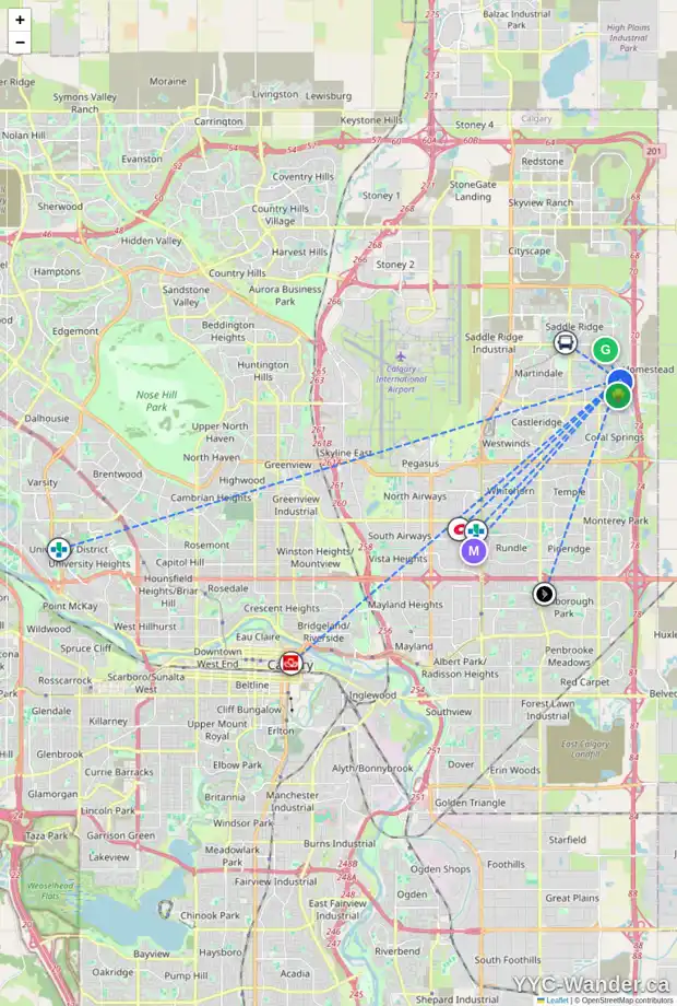 Daily accessibility map for 708 TARADALE DR NE, Calgary showing nearby schools, grocery stores, parks, LRT stations and nearby amenities