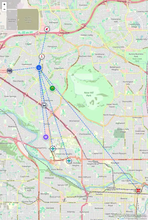 Daily accessibility map for 187 HAWKHILL WY NW, Calgary showing nearby schools, grocery stores, parks, LRT stations and nearby amenities